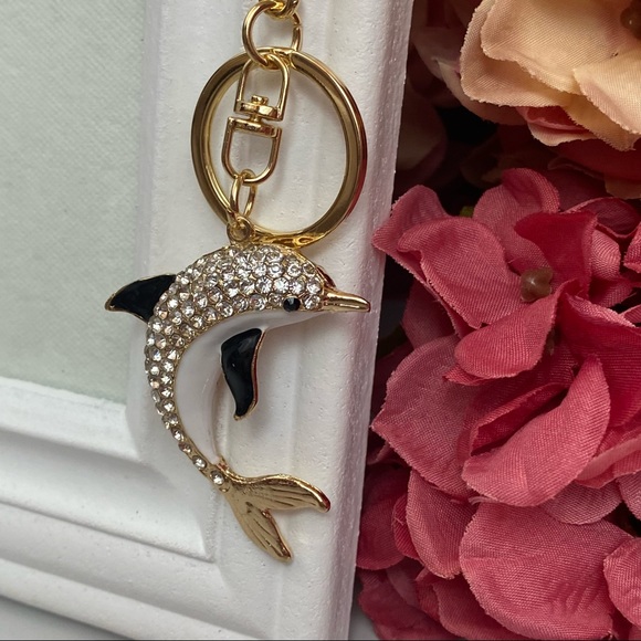 Black White & Gold Crystal Dolphin Charm Keychain - Picture 9 of 16